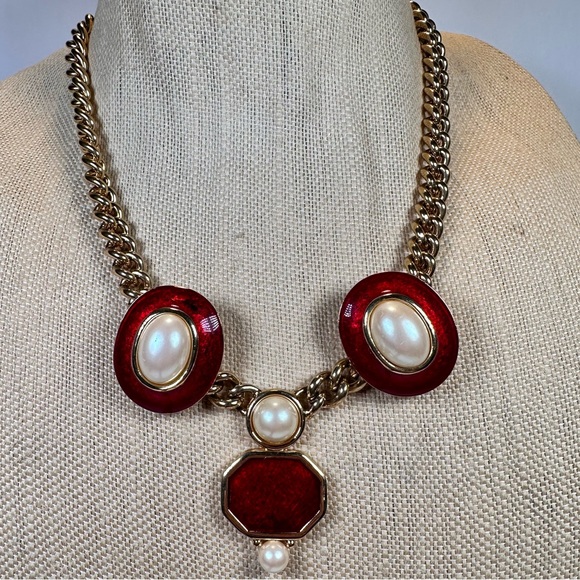 Monet Jewelry - Vintage Monet red enamel faux pearl necklace & clip earring set gold tone
